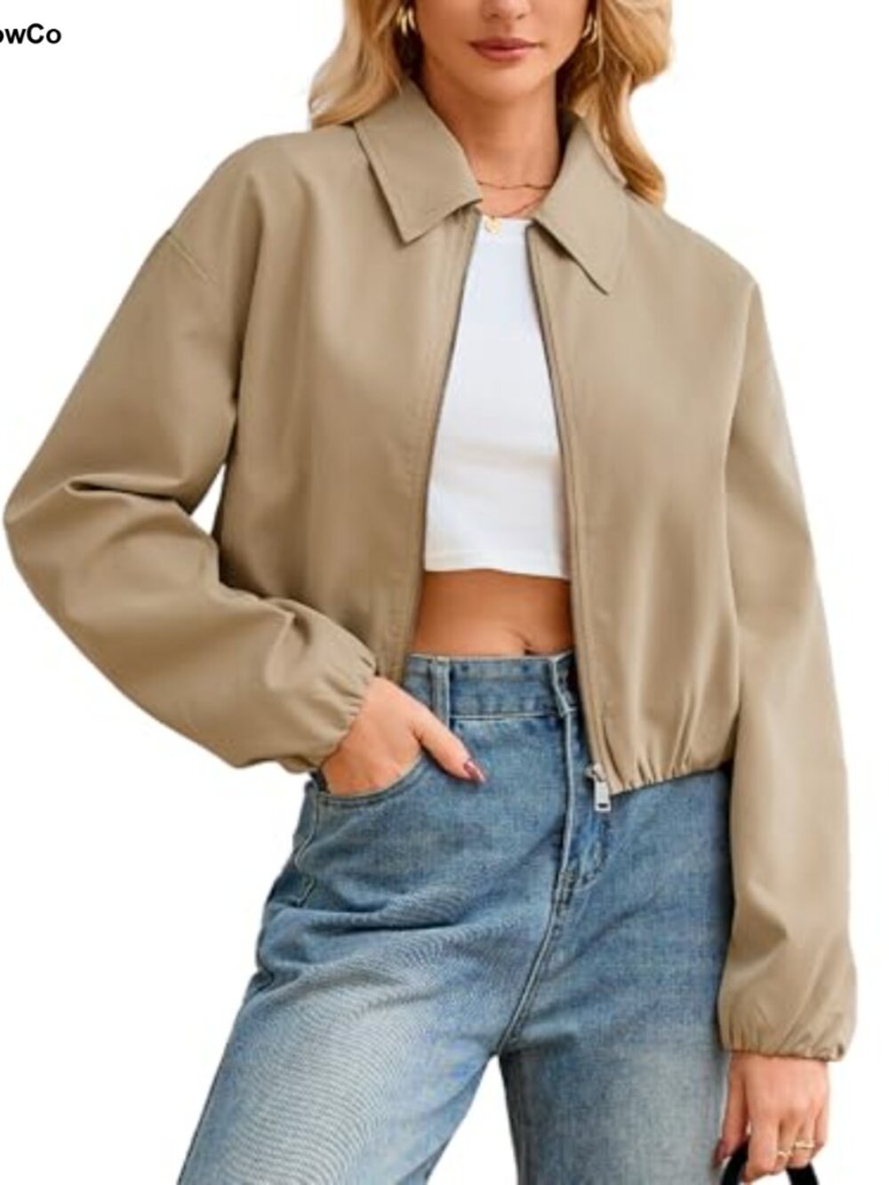 Cropped Bomber Jacket Long Sleeve Zip Up Pilot Coat with Pockets
